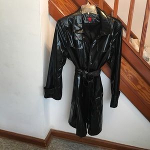 Black patent leather trench coat
